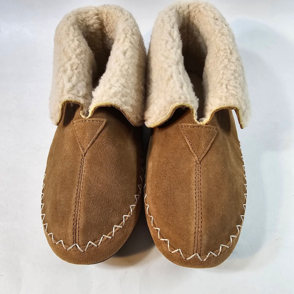 Isotoner Womens Tan Suede Moccasin Boot Slippers Fleece Lined Fold Cuff - Picture 2 of 9